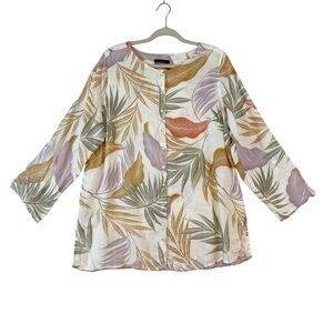 Tahari‎ Linen Button Down Top Womens 1X Multicolor Tropical Beachy Roll Tab